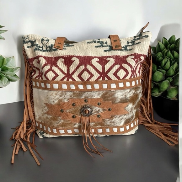 Olay Canvas Shoulder Bag Hair On Cowhide Leather Tote Aztec Fringe Neutral Color - Picture 1 of 9
